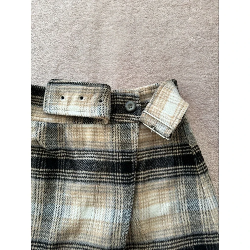 Free People Women's Ari Wrap Skirt Beige Black Plaid Mini‎ Belted Wool Size 2